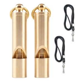 Futuresteps Premium Brass Whistles Set Of 2 - Includes 2 Black Lanyard 30 Inches - Loud Survival Whistles - Solid Brass