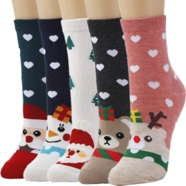 5 Pairs Women Crew Socks Casual Cute Cotton Animal Socks Long Ankle Socks Design For Girls Wcs1 (Christmas)