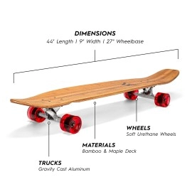 Magneto 44 inch Kicktail Cruiser Longboard Skateboard | Bamboo and Hard Maple Deck | Made for Adults, Teens, and Kids (Red)