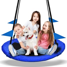 Pacearth 40 Inch Saucer Tree Swing Flying 660Lb Weight Capacity 2 Added Hanging Straps Adjustable Multi-Strand Ropes Colorful Safe And Durable Swing Seat For Children Adults - Blue