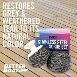 Stainless Steel Scrub Set Marine Grade Scouring Pad Scrubbers And Brush Handle | Refinish Wood Furniture And Boat Teak Decks