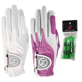 Zero Friction Ladies Compression-Fit Synthetic Golf Glove (2 Pack With Free Pack Of Tees), Universal Fit One Size, White/Lavender