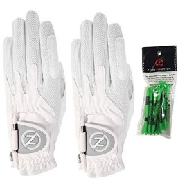 Zero Friction Ladies Compression-Fit Synthetic Golf Glove (2 Pack With Free Pack Of Tees), Universal Fit One Size, Whitewhite