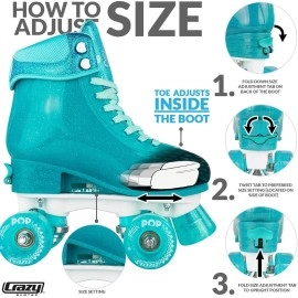 Crazy Skates Adjustable Roller Skates for Girls and Boys - Glitter Pop Collection - Size Adjustable to fit Four Sizes - Teal (Size: Small | US Mens j12-2 | US Ladies j12-2 | EU 31-34)
