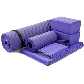 Balancefrom Goyoga 7-Piece Set - Include Yoga Mat With Carrying Strap, 2 Yoga Blocks, Hand Towel And Knee Pad (Purple, 1/2