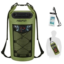 Piscifun Dry Bag, Waterproof Floating Backpack With Waterproof Phone Case For Kayking, Boating, Kayaking, Surfing, Rafting And Fishing, Army Green 10L