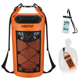 Piscifun Dry Bag, Waterproof Floating Backpack With Waterproof Phone Case For Kayking, Boating, Kayaking, Surfing, Rafting And Fishing, Orange 10L
