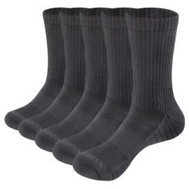 YUEDGE Men's 5 Pairs/Pack Performance Moisture Wicking Cotton Cushion Crew Socks Athletic Sports Work Boot Socks(Dark Grey, Size 6-9)