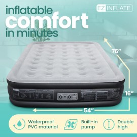 EZ INFLATE Air Mattress with Built in Pump - Twin Size Double-High Inflatable Mattress with Flocked Top - Easy Inflate, Waterproof, Portable Blow Up Bed for Camping & Travel