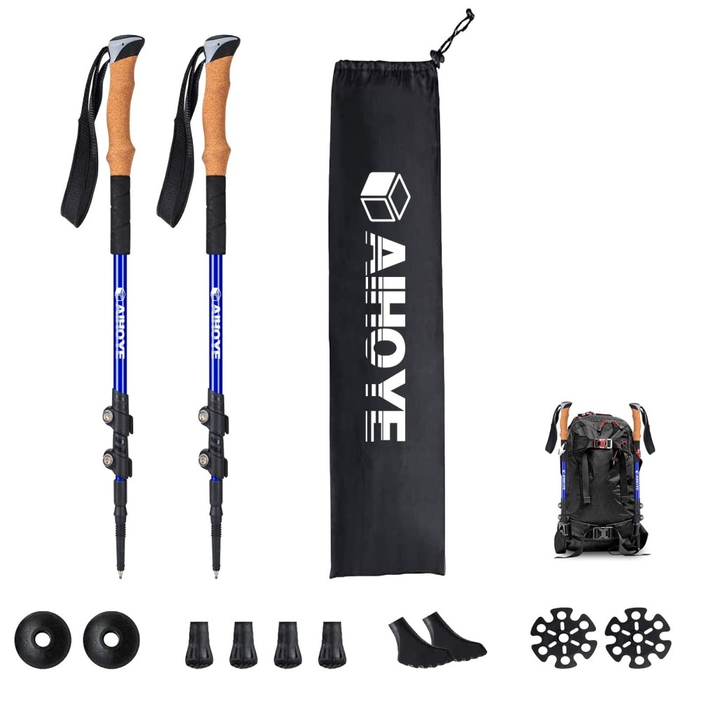 Aihoye Trekking Hiking Poles - 2 Pack Adjustable Hiking Walking Sticks Collapsible Lightweight - Strong Lightweight Aluminum7075, Quick Flip-Lock Hiking Sticks And Comfortable Cork Grips Blue