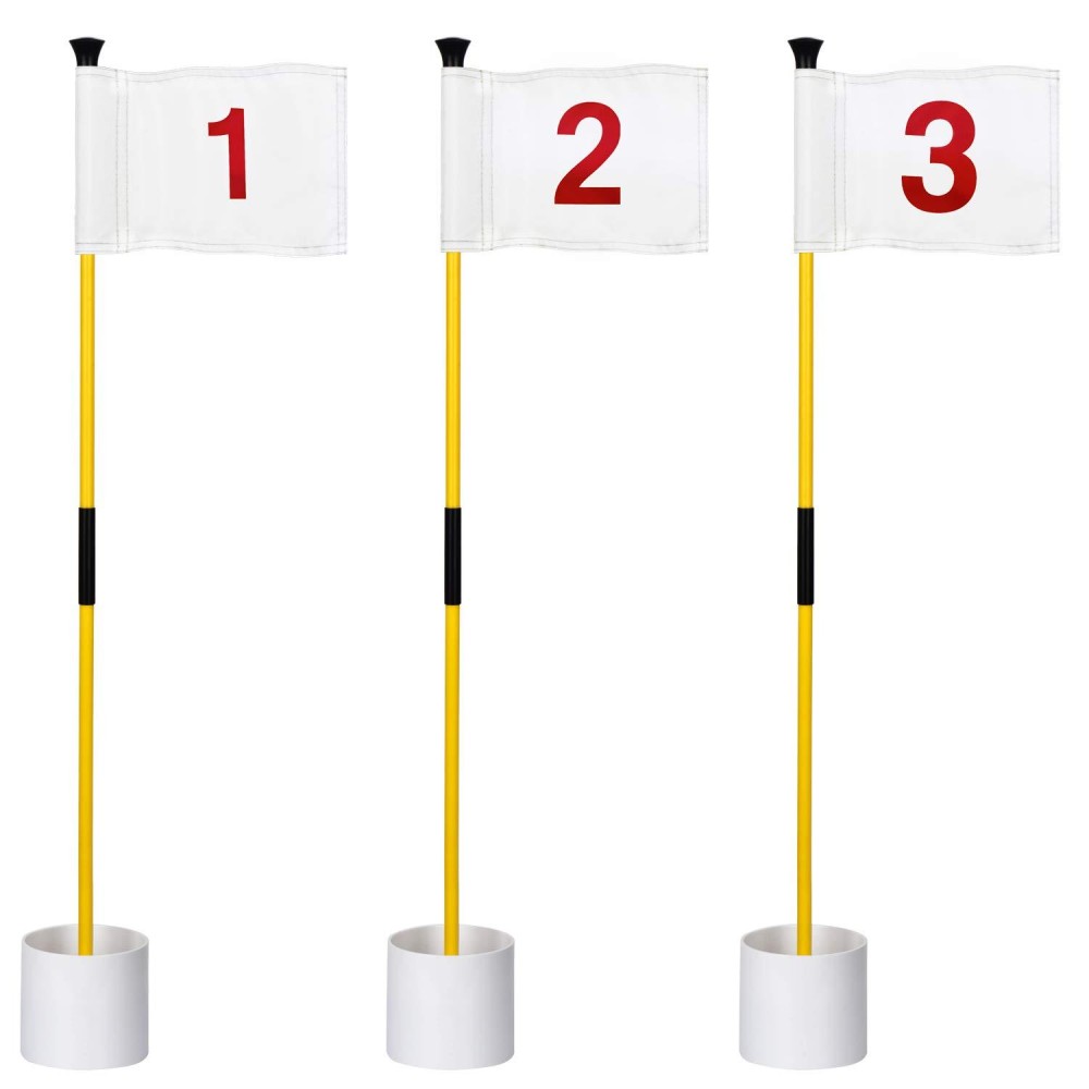 Kingtop Miniature Golf Flagstick, Practice Putting Green Flags For Yard, Golf Pin Flag Hole Cup Set, Portable 2-Section Design, 3Ft Flagpole, Indoor Outdoor, White Flag Numbered 1 2 3, 3-Pack