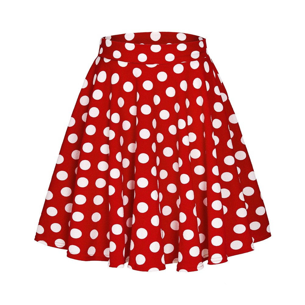 Exchic Womens Casual Stretchy Flared Mini Skater Skirt Basic A-Line Pleated Midi Skirt (S, Polka Dot-3)