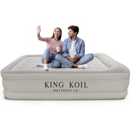 King Koil Luxury Queen Size Air Mattress With Built-In Pump, Plush Top, Home Camping Guests Inflatable Airbed, Double High Blow Up Mattress, 1-Year Manufacturer Direct Warranty