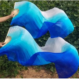 KIKIGOAL 1 Pair(Left+Right) Women Real Silk Belly Dance Fan Veil, Length 180cm Width 90cm (Gradual Blue)