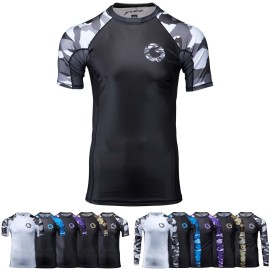 Gold Bjj Jiu Jitsu Rashguard - Camo Short Sleeve Rash Guard Compression Shirt For No-Gi, Gi, Mma (Black Camo, S)