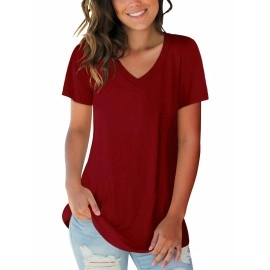 Sampeel Women T-Shirts Short Sleeve V Neck Tunic Tops Loose Fitting Clothing Burgundy L
