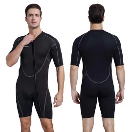 Mens 3Mm Shorty Wetsuit, Premium Neoprene Front Zip Short Sleeve Diving Wetsuit Snorkeling Surfing (Shorty Wetsuit Black, Xl)