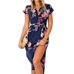 Temofon Womens Dresses Summer Floral Geometric Pattern Short Sleeve Midi V-Neck Casual Dress With Belt Blue 2Xl