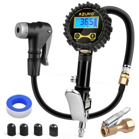 Azuno Digital Bicycle Tire Inflator Gauge With Auto-Select Valve Type - Presta And Schrader Air Compressor Tool