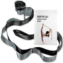 SANKUU Stretching Strap with 12 Loops Workout Poster, Yoga Straps for Stretching Physical Therapy Equipment Non-Elastic Hamstring Stretcher Long Stretch Out Bands for Exercise, Pilates, Dance and Gymnastics for Women Men (Black)
