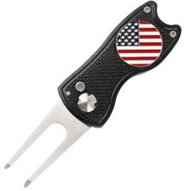 Champmate Golf Divot Tool, Stainless Steel Switchblade And Foldable Magnetic With Usa Golf Ball Marker In 5 Designs (Black Usa Flag)