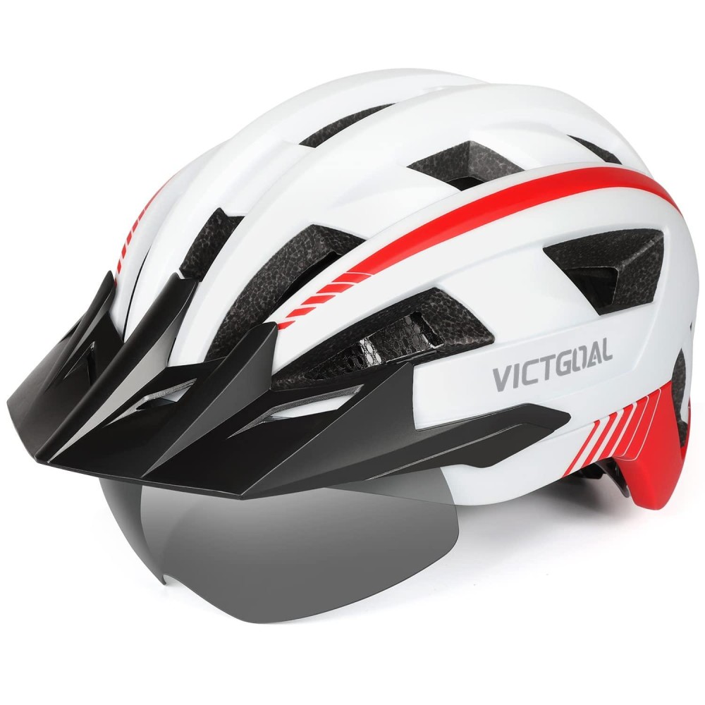 Victgoal Bike Helmet For Men Women With Led Light Detachable Magnetic Goggles Removable Sun Visor Mountain Road Bicycle Helmets Adjustable Size Adult Cycling Helmets (L: 57-61 Cm, White)