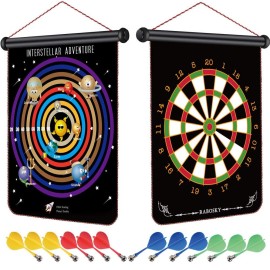 Rabosky Magnetic Dart Board For Kids - Birthday Toys Gifts Idea For Boys 6-8-10-12 Year Old, Space Planet Theme, Double-Sided, 12 Magnet Darts
