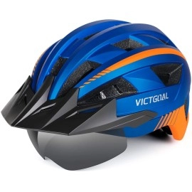 Victgoal Bike Helmet For Men Women With Led Light Detachable Magnetic Goggles Removable Sun Visor Mountain Road Bicycle Helmets Adjustable Size Adult Cycling Helmets (L: 57-61 Cm, Blue)