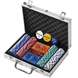 Rally And Roar Professional Poker Set W Hard Case, 2 Card Decks, 5 Dice, 3 Buttons - 200 Chips