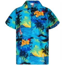 King Kameha Funky Hawaiian Shirt, Shortsleeve, Surf, Turquoise, Xl