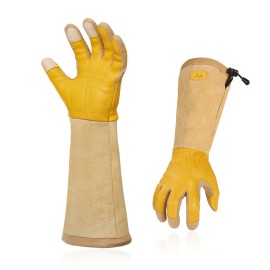 Vgo Safety Work Gloves Men,Extra-Long Cuff Thornproof,Premium Cow Grain Leathers,Gardening(1 Pair,Size Xl, Gold, Ca1013)