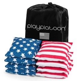 Play Platoon Weather Resistant Cornhole Bags - Set Of 8 Regulation Corn Hole Bean Bags - Stars & Stripes - Durable Duck Cloth Corn Hole Bags For Tossing Game, Includes Tote Bag