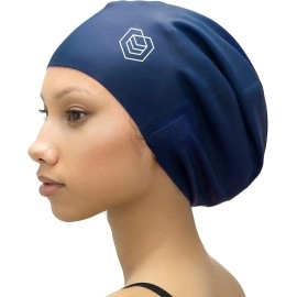 Soul Cap Large Swimming Cap For Long Hair - Designed For Long Hair, Dreadlocks, Weaves, Hair Extensions, Braids, Curls & Afros - Women & Men - Silicone (L, Navy)