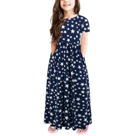 Gorlya Girls Short Sleeve Floral Print Loose Casual Holiday Long Maxi Dress With Pockets 4-12 Years (6-7Yearsheight:120Cm, Navy Star)