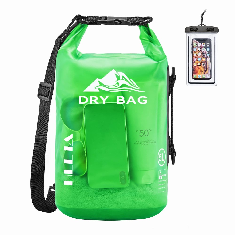 Heeta Waterproof Dry Bag For Women Men, Roll Top Lightweight Dry Storage Bag Backpack With Phone Case For Travel, Swimming, Boating, Kayaking, Camping And Beach, Transparent Green 5L