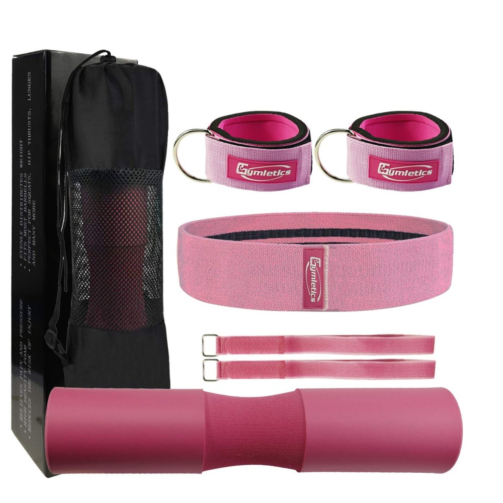 Gymletics Barbell Squat Pad For Standard Pair Of Gym Ankle Straps For Cable Machines Hip Exercise Bands Fitness Gift Safety Straps And Carry Bag (Pink, 17.3X3.7)