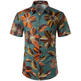 Jogal Mens Flower Casual Button Down Short Sleeve Hawaiian Shirt Dark Olivegreen 3X-Large