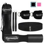 Gymletics 7 Pack Barbell Squat Pad For Standard Set For Hip Thrusts, 2 Gym Ankle Straps, Hip Exercise Band, 2 Squat Pad Safety Straps And Carry Bag