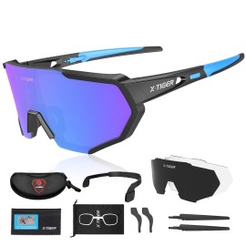 X-Tiger Polarized Cycling Bike Sunglasses,Bicycle Glasses With 3 Interchangeable Lenses (Blackblue)