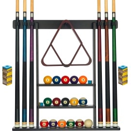 Pool Cue Rack - Pool Stick Holder Wall Mount With 16 Ball Holders 6 Pack Of Chalk - Rubber Circle Pads Large Clips Prevent Damage - Compact Billiard Table Accessories For Man Cave (Black)