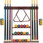 Pool Cue Rack - Pool Stick Holder Wall Mount With 16 Ball Holders & 6 Pack Of Chalk - Rubber Circle Pads & Large Clips Prevent Damage - Compact Billiard Table Accessories For Man Cave (Mahogany)