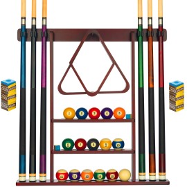 Pool Cue Rack - Pool Stick Holder Wall Mount With 16 Ball Holders & 6 Pack Of Chalk - Rubber Circle Pads & Large Clips Prevent Damage - Compact Billiard Table Accessories For Man Cave (Mahogany)