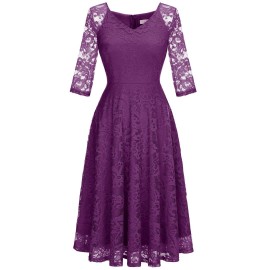Dressystar Long-Sleeve A-Line Lace Bridesmaid Dress Midi For Wedding Formal Party M Purple