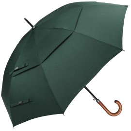 G4Free Wooden J Handle Classic Golf Umbrella Windproof Auto Open 52 Inch Large Oversized Double Canopy Vented Rainproof Cane Stick Umbrellas For Men Women (Dark Green)