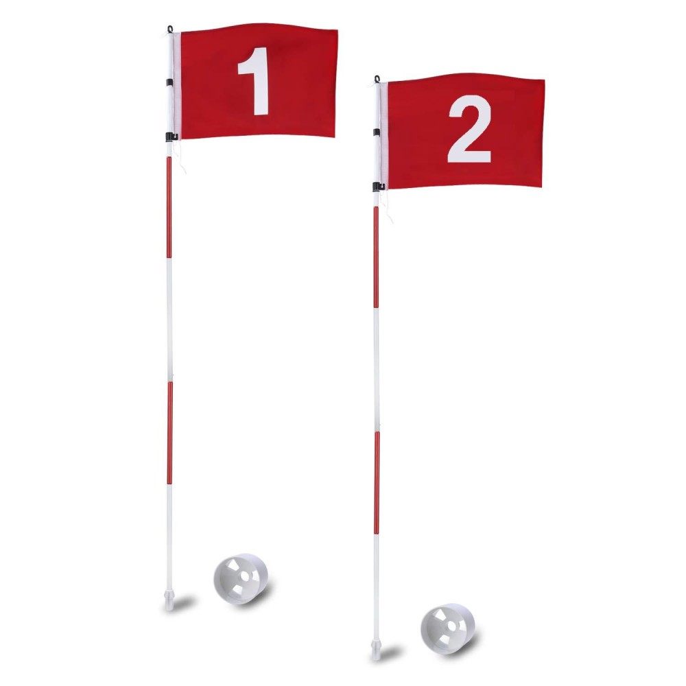 Kingtop Golf Pin Flags Pro, Practice Putting Green Flagstick Hole Cup Set, Golf Flag Stick For Driving Range Backyard Indoor Outdoor, Red Flag Numbered #1#2, 6Ft Flagpole, 2-Set