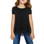 Storeofbaby Girls Summer Casual Loose Short Sleeve Lace Black Tops Tee Shirts