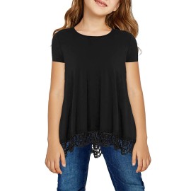 Storeofbaby Girls Summer Casual Loose Short Sleeve Lace Black Tops Tee Shirts