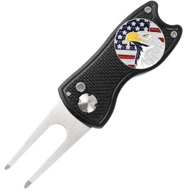 Champmate Golf Divot Tool, Stainless Steel Switchblade And Foldable Magnetic With Usa Golf Ball Marker In 5 Designs (Black Eagle)