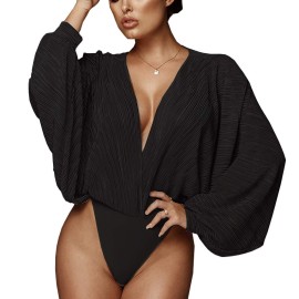 Weigou Women Jumpsuits Long Sleeve V Neck Pleated Loose Bodysuits Tops For Women Leotard Shirts (Black, S)
