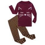 Family Feeling Cat Big Girls Long Sleeve Pajamas Sets Cotton Sleepwears Kids Pjs Size 8